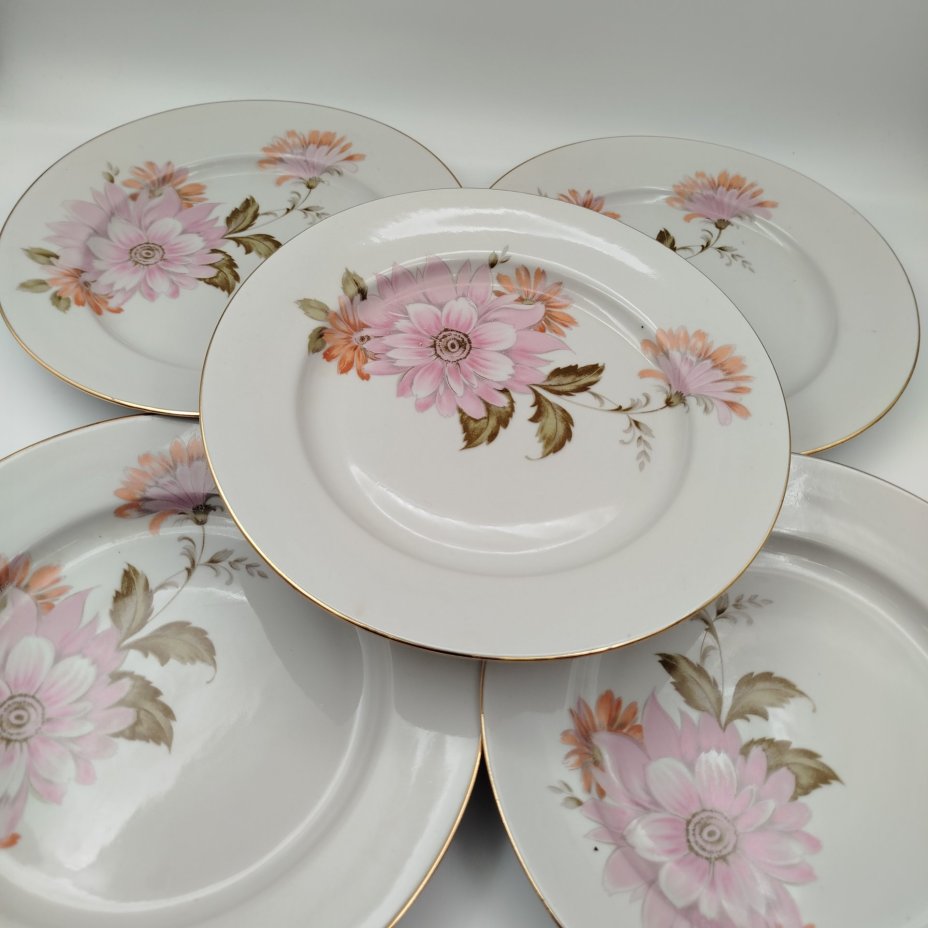Набор десертных тарелок "Астры" на 5 персон, фарфор, деколь, золочение, Дулевский фарфоровый завод (Дулёво), СССР, 1968-1991 гг.