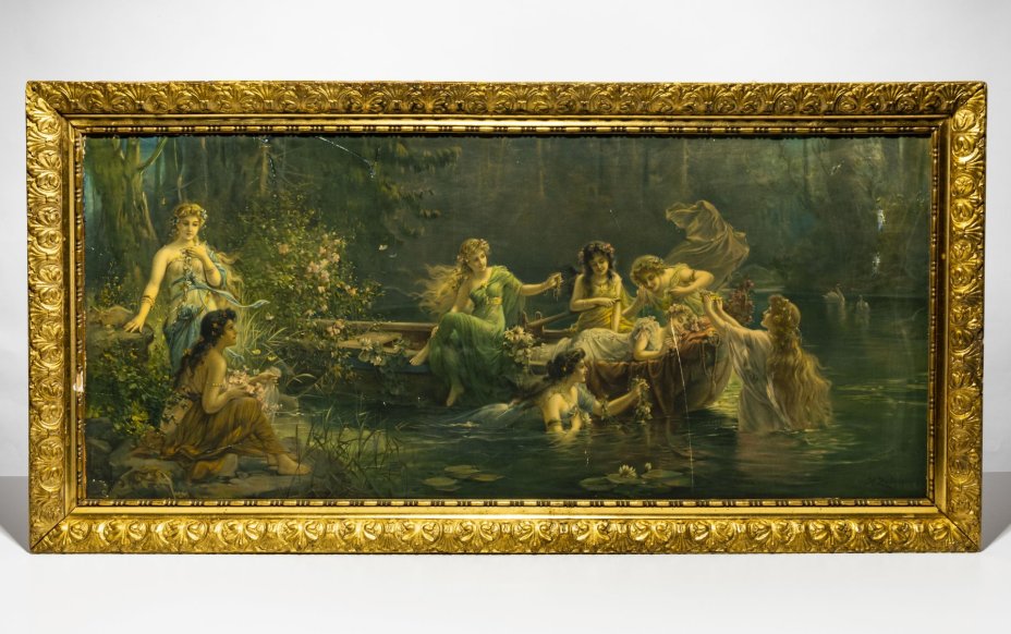 Репродукция картины  Ханса Зацка (Hans Zatzka) «Cherubs at boat» (Лесные нимфы), хромолитография, дерево, Западная Европа, 1960-1980 гг.