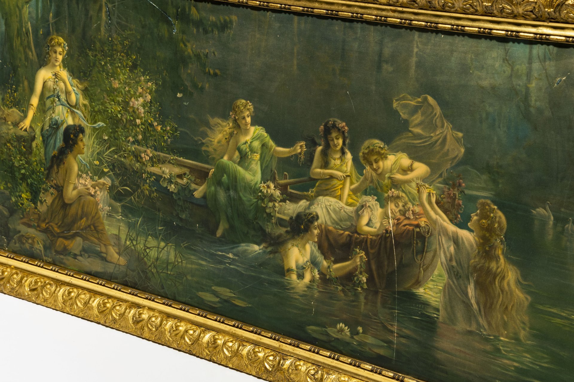 Репродукция картины  Ханса Зацка (Hans Zatzka) «Cherubs at boat» (Лесные нимфы), хромолитография, дерево, Западная Европа, 1960-1980 гг.