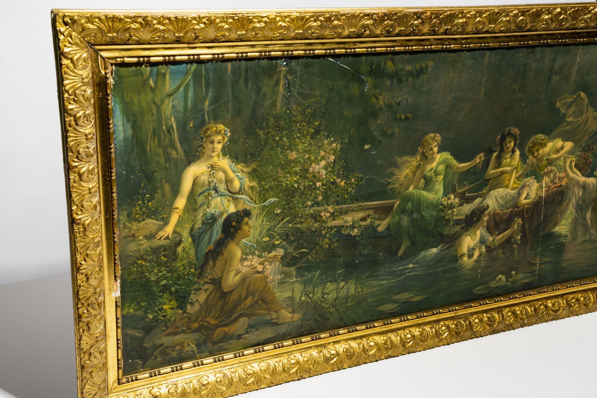 Репродукция картины  Ханса Зацка (Hans Zatzka) «Cherubs at boat» (Лесные нимфы), хромолитография, дерево, Западная Европа, 1960-1980 гг.