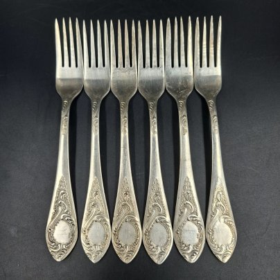 Набор из шести вилок с растительным декором, мНЦ (медь-никель-цинк), Кольчугинский завод цветных металлов, СССР, 1970-1990 гг.