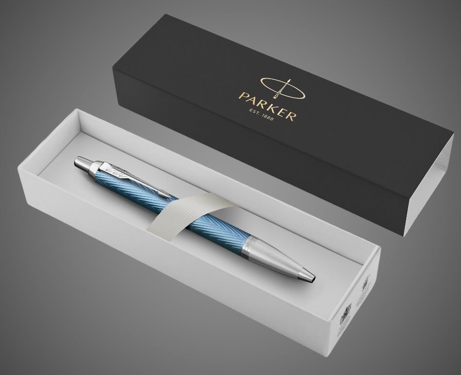 Шариковая ручка Parker IM Premium K318 Blue Grey CT, стержень: M, цвет чернил: blue, в подарочной упаковке., Лаки и смолы: лак, латунь, нержавеющая сталь, хром