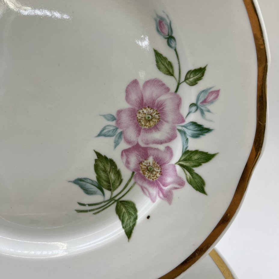 Набор из 4-х обеденных тарелок с флоральным декором, фарфор, деколь, золочение, Дулевский фарфоровый завод (Дулёво), СССР, 1985 г.