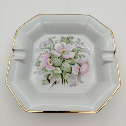 Пепельница квадратная  с цветочным декором, Porcelaine Ternet,  Limoges, фарфор, деколь, золочение