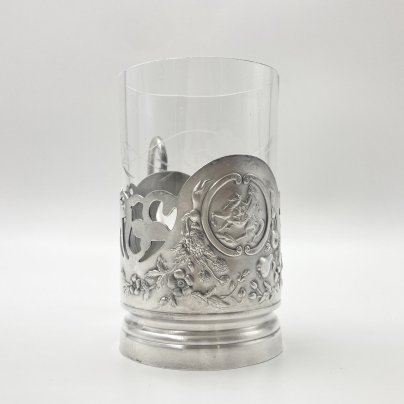 Подстаканник "Богдан Хмельницкий" с стаканом, мНЦ (медь-никель-цинк), Киевский завод столовых приборов и посуды им. Дзержинского (ЗiД, ЗиД), СССР, 1950-1960 гг., Киевский завод столовых приборов и посуды им. Дзержинского (ЗiД