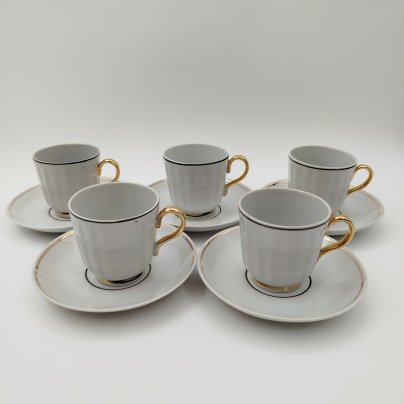 Набор из 5-ти кофейный пар, украшенных лаконичным декором, фарфор, золочение, Барановский фарфоровый завод, СССР, 1970-1990 гг.
