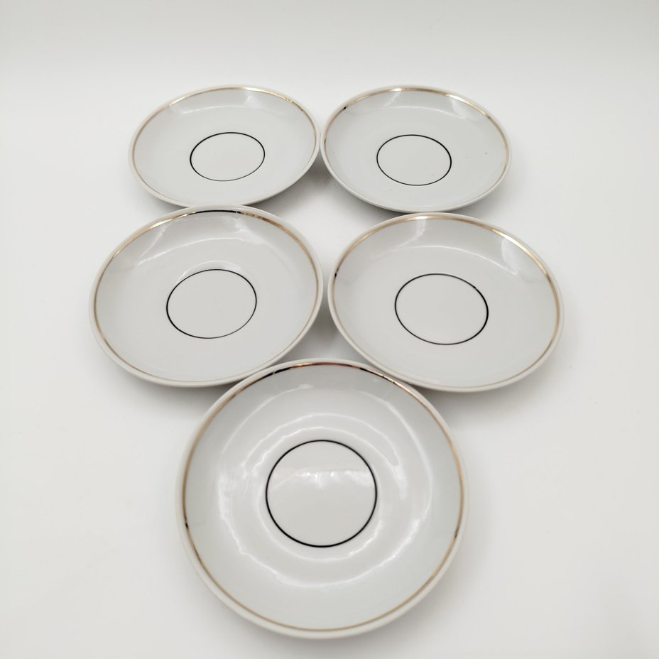 Набор из 5-ти кофейный пар, украшенных лаконичным декором, фарфор, золочение, Барановский фарфоровый завод, СССР, 1970-1990 гг.