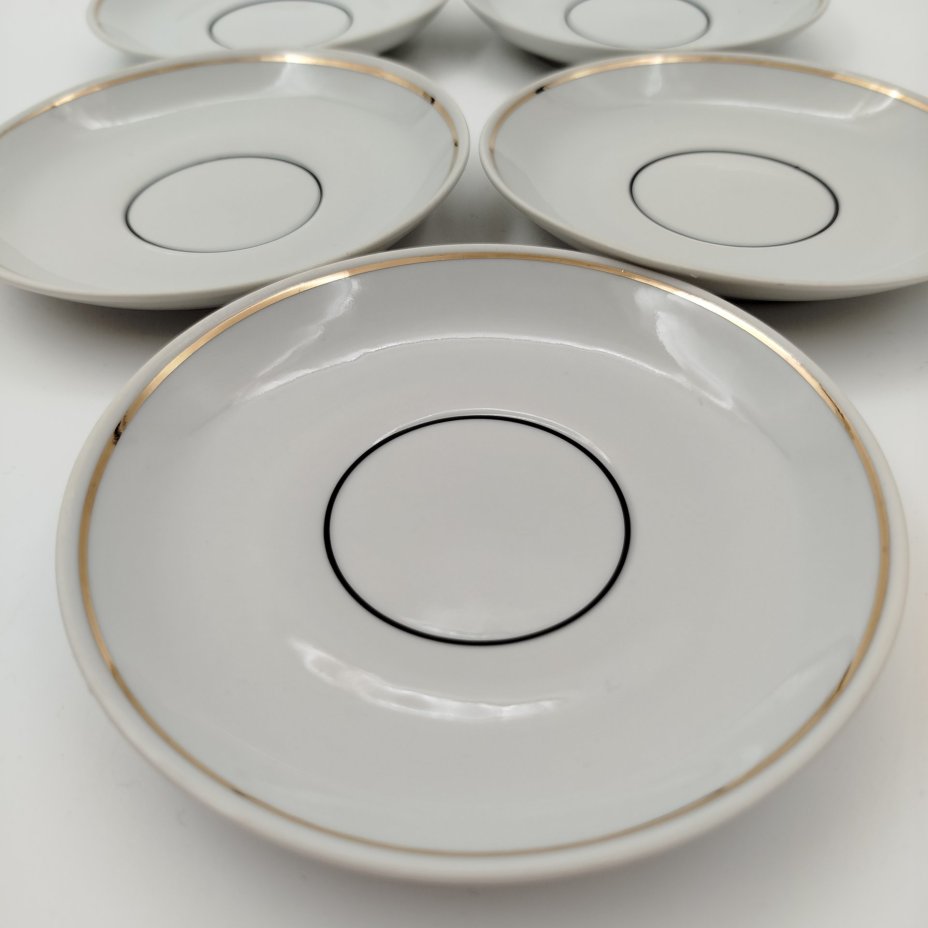 Набор из 5-ти кофейный пар, украшенных лаконичным декором, фарфор, золочение, Барановский фарфоровый завод, СССР, 1970-1990 гг.