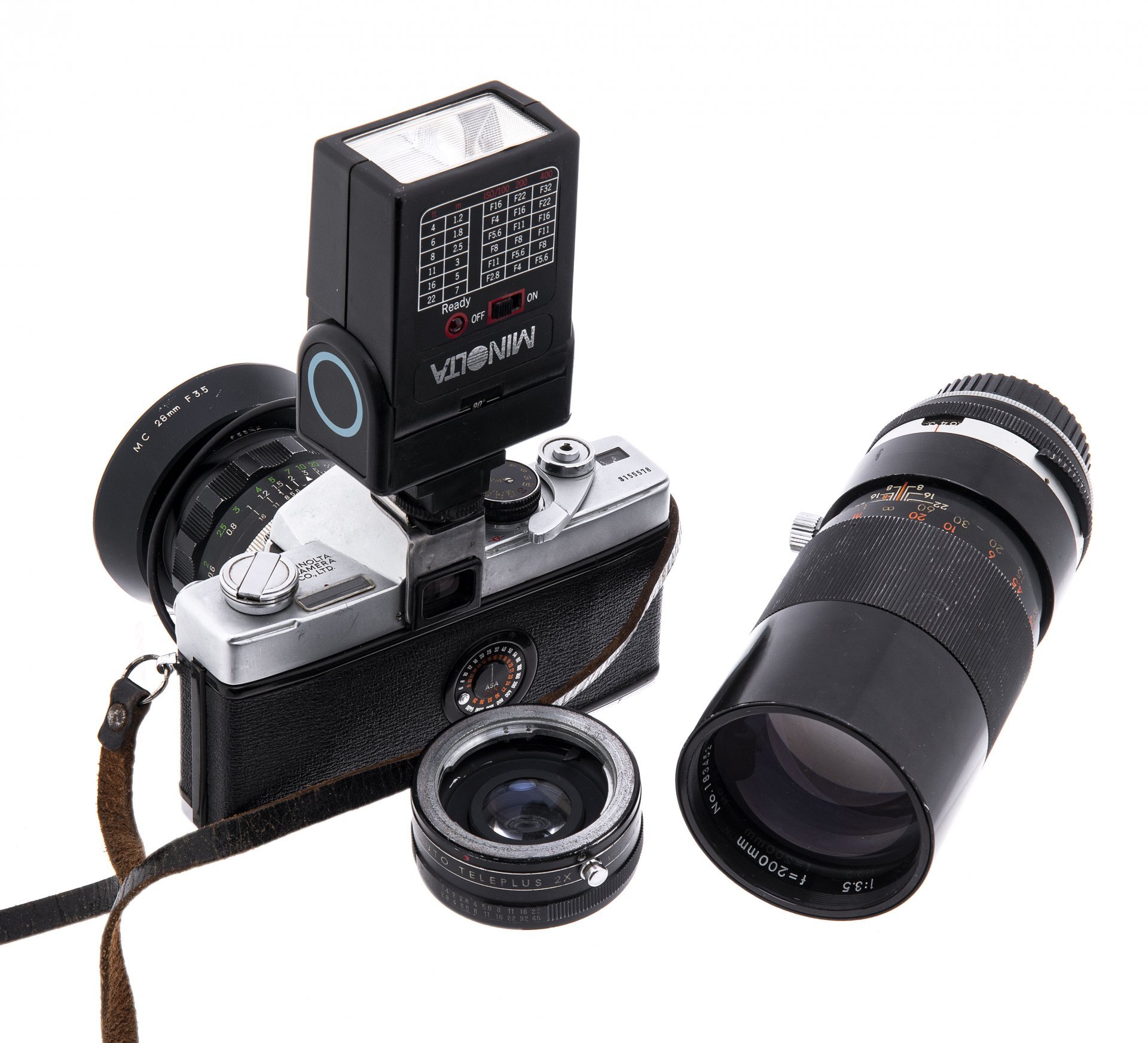 Фотоаппарат пленочный "Minolta SR-7" с объективом "Rokkor-SG f=28mm" в комплекте с объективом "Auto Tamron f=200mm" в кофре, металл, Япония, 1962-1966, Minolta