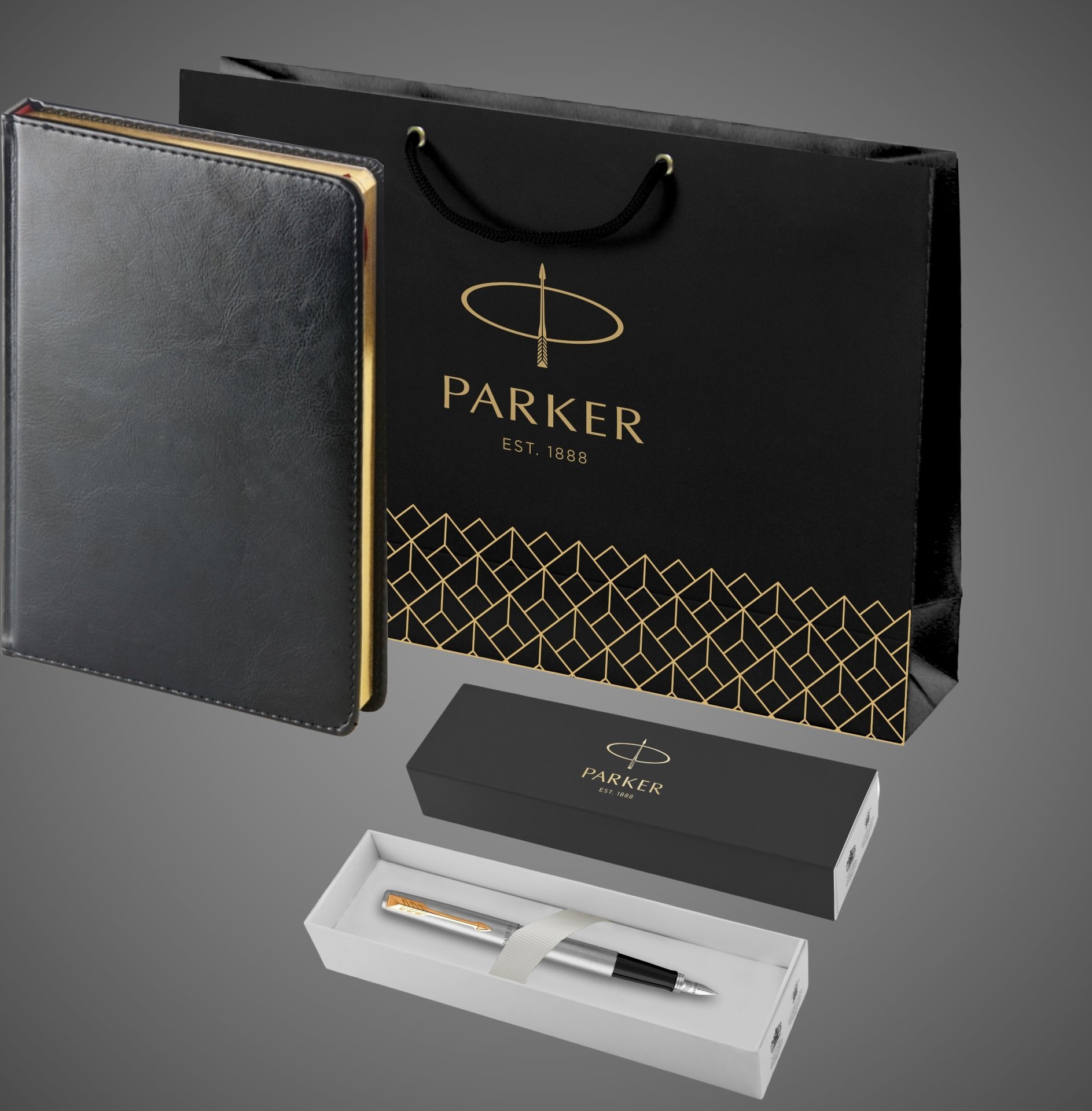 Подарочный набор: Ручка перьевая Parker Jotter Stainless Steel GT и Ежедневник черный недатированный, Металлы: нержавеющая сталь