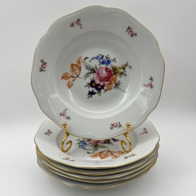 Набор суповых (глубоких) тарелок "Мейсенский букет" на 6 персон, фарфор, деколь, золочение, Bohemia (Neurohlau), Чехословакия, 1970-1990 гг.