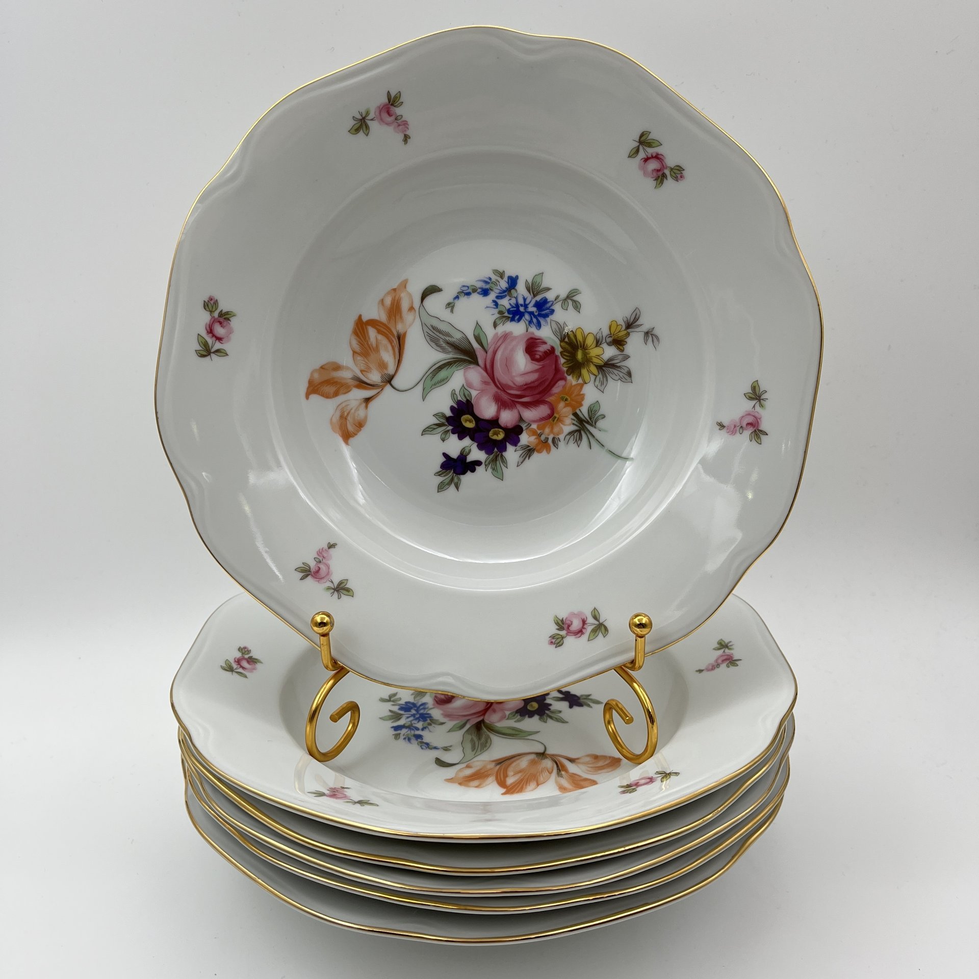 Набор суповых (глубоких) тарелок "Мейсенский букет" на 6 персон, фарфор, деколь, золочение, Bohemia (Neurohlau), Чехословакия, 1970-1990 гг.