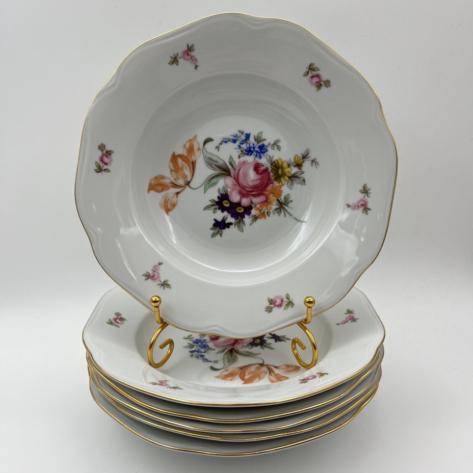 Набор суповых (глубоких) тарелок "Мейсенский букет" на 6 персон, фарфор, деколь, золочение, Bohemia (Neurohlau), Чехословакия, 1970-1990 гг.