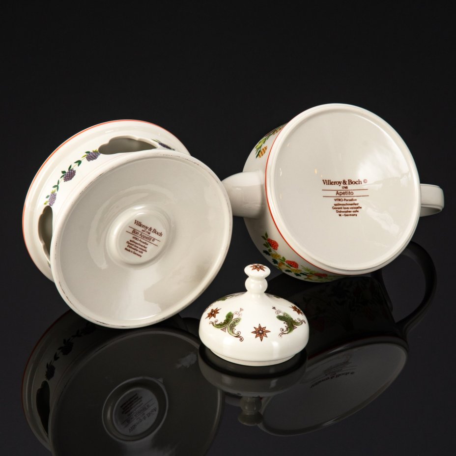 Чайник заварочный с подставкой для подогрева, серия Bon Appetit, фарфор, деколь, Villeroy & Boch, Германия, 1983-1989 гг.