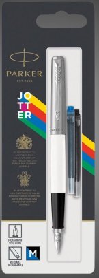 Перьевая ручка Parker Jotter, цвет ORIGINALS WHITE CT, цвет чернил синий/черный, толщина линии M, В БЛИСТЕРЕ, Металлы: нержавеющая сталь, пластик