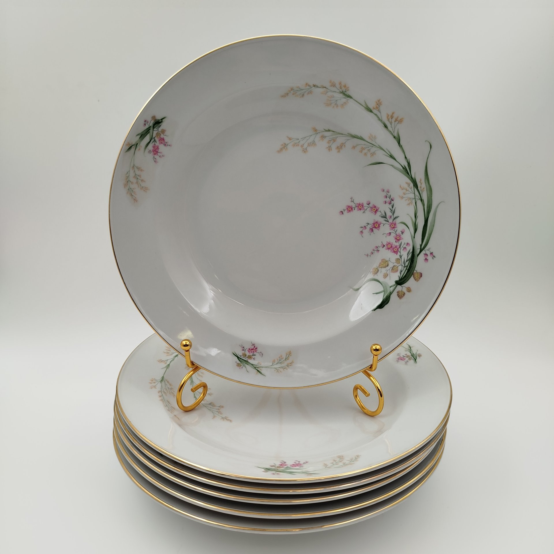 Набор обеденных (глубоких) тарелок с цветочным декором на 6 персон, фарфор, деколь, золочение, Bareuther & Co., Bavaria, Германия, 1931-1945 гг.