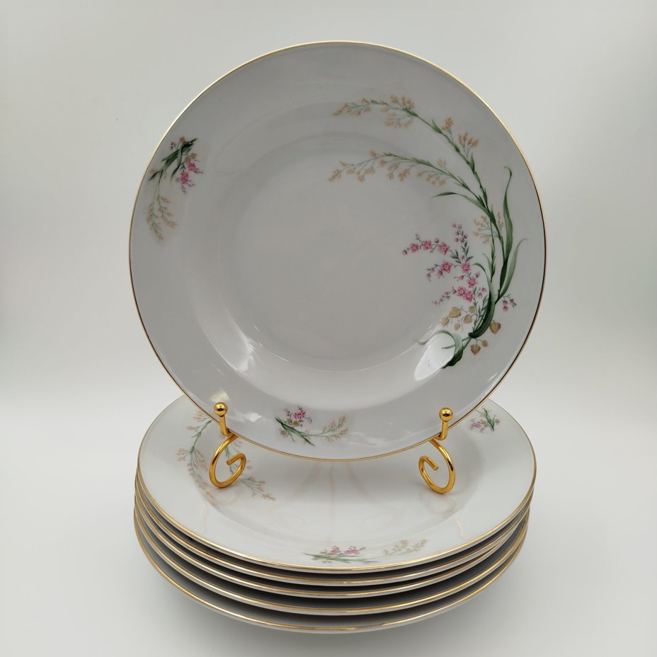 Набор обеденных (глубоких) тарелок с цветочным декором на 6 персон, фарфор, деколь, золочение, Bareuther & Co., Bavaria, Германия, 1931-1945 гг.