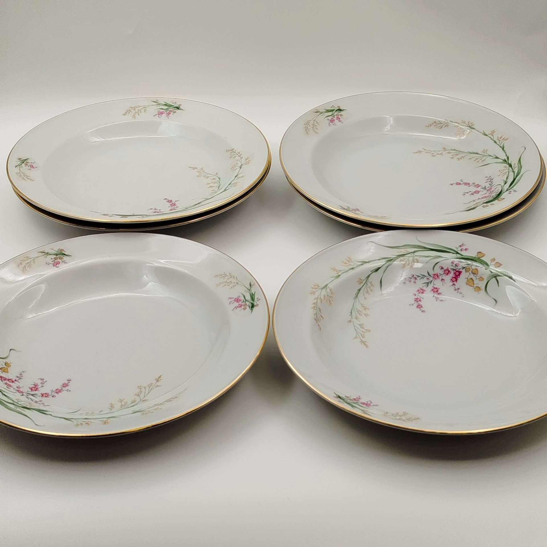 Набор обеденных (глубоких) тарелок с цветочным декором на 6 персон, фарфор, деколь, золочение, Bareuther & Co., Bavaria, Германия, 1931-1945 гг.