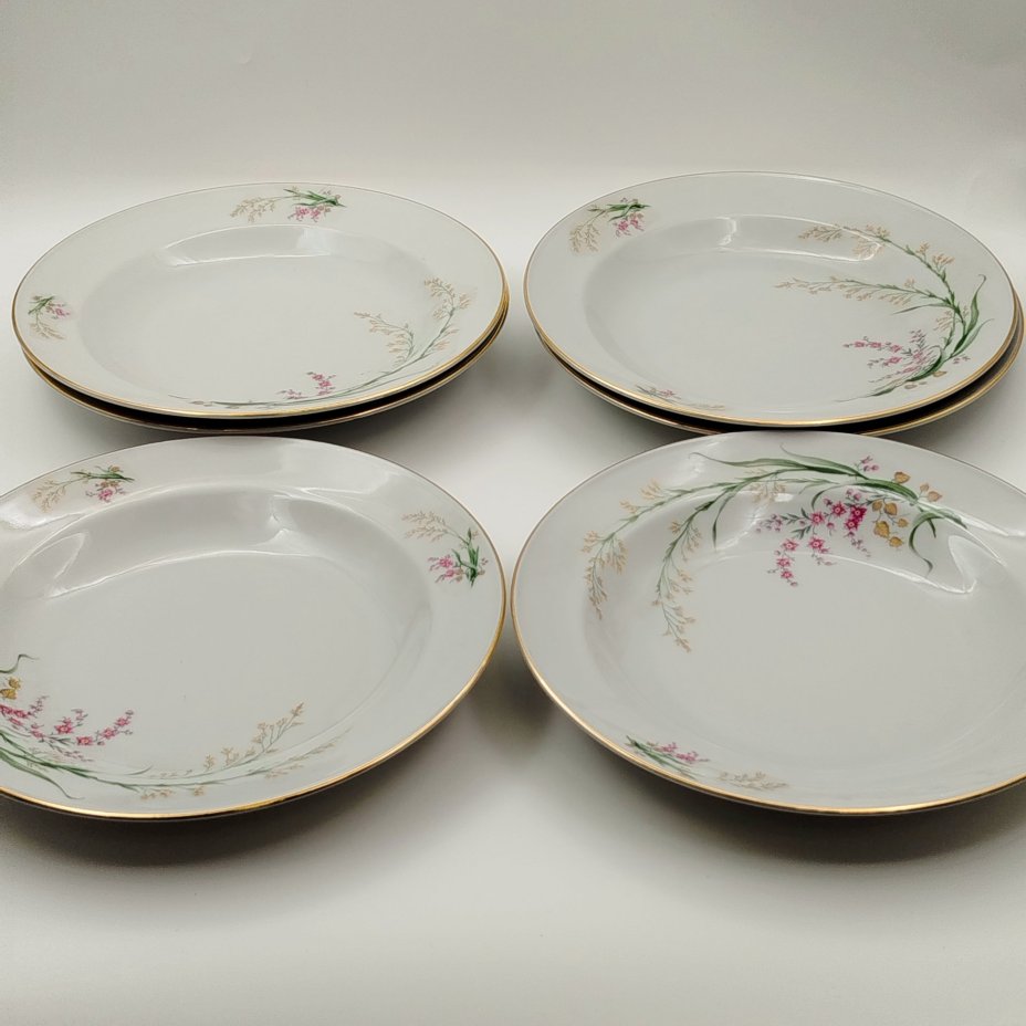Набор обеденных (глубоких) тарелок с цветочным декором на 6 персон, фарфор, деколь, золочение, Bareuther & Co., Bavaria, Германия, 1931-1945 гг.
