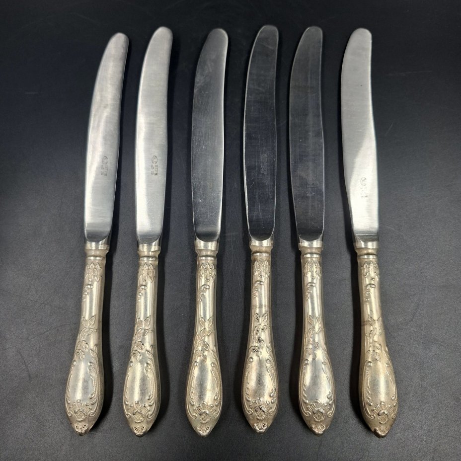 Набор из шести столовых ножей с растительным декором, мНЦ (медь-никель-цинк), нержавеющая сталь, Вольнянский завод столовых приборов им. Шевченко (ЗiШ, ЗиШ), СССР, 1960-1990 гг.