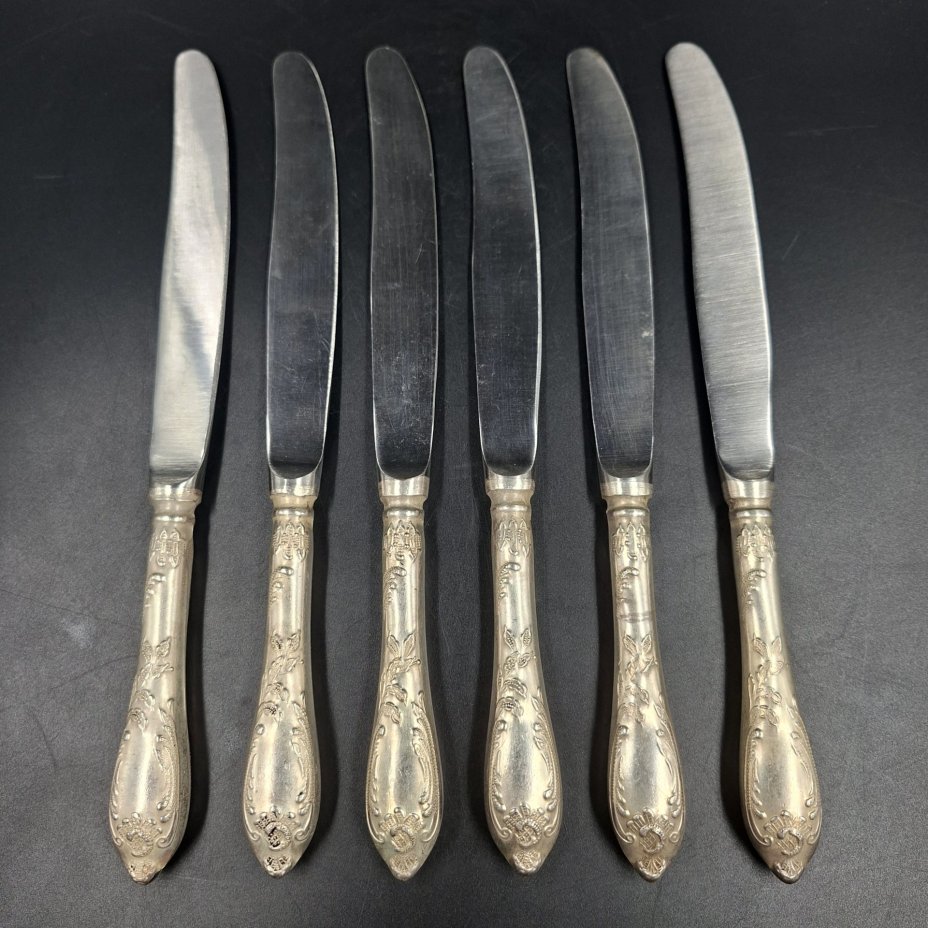 Набор из шести столовых ножей с растительным декором, мНЦ (медь-никель-цинк), нержавеющая сталь, Вольнянский завод столовых приборов им. Шевченко (ЗiШ, ЗиШ), СССР, 1960-1990 гг.