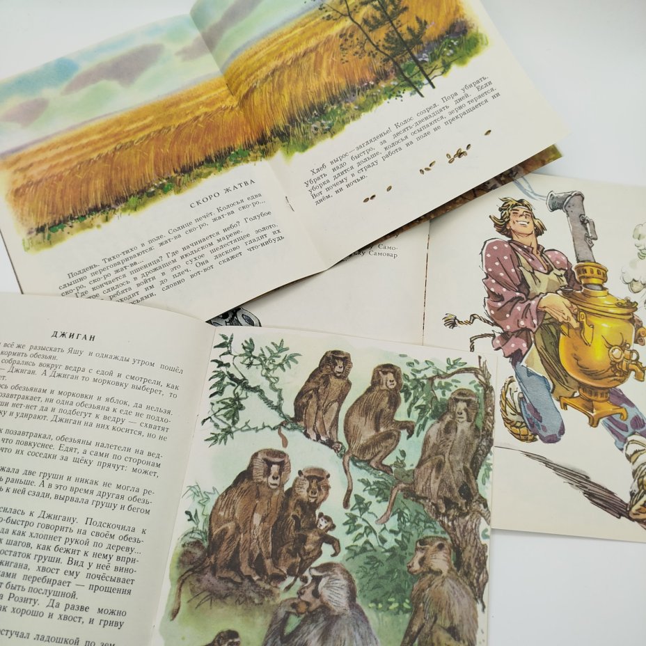 Набор из 6-ти детских книг (П. Шашурин "Лебеди", В. Бороздин "Лето, лето ясное!", Г. Снегирёв "У обезьян", Е. Пермяк "Как самовар запрягли" и "Кто мелет муку", Г. Лагздынь "Целый день у нас работа"), Издательство "Малыш"