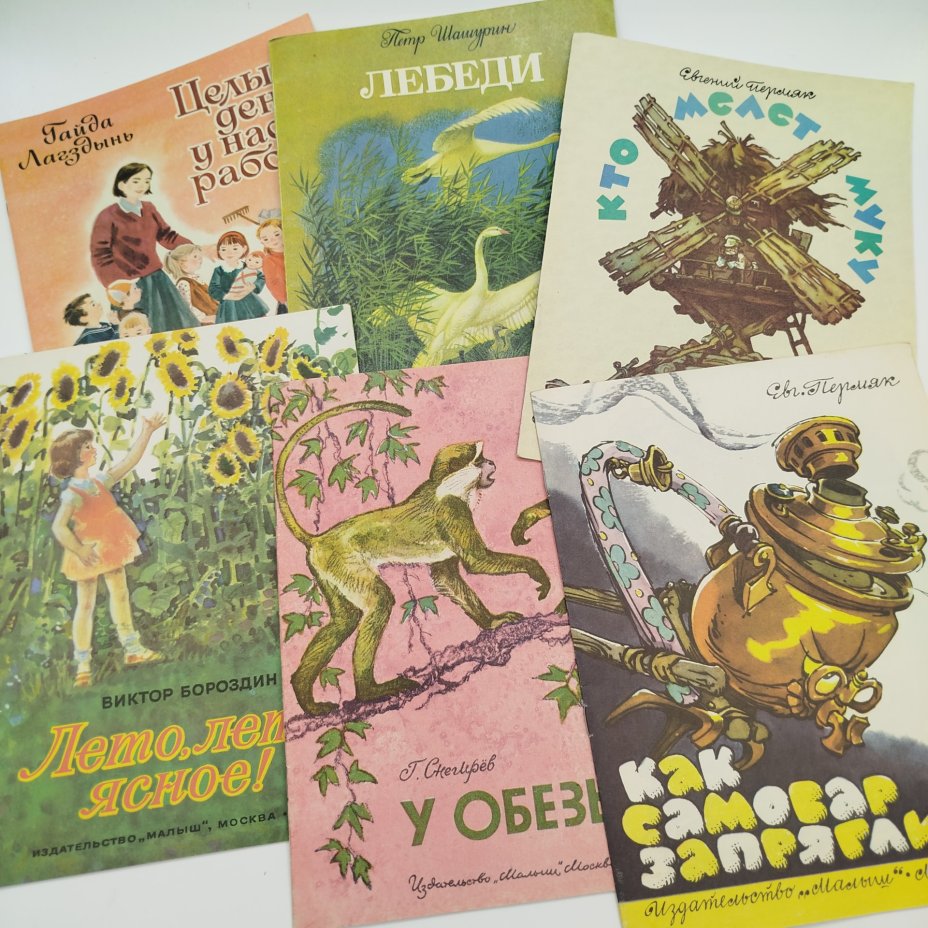 Набор из 6-ти детских книг (П. Шашурин "Лебеди", В. Бороздин "Лето, лето ясное!", Г. Снегирёв "У обезьян", Е. Пермяк "Как самовар запрягли" и "Кто мелет муку", Г. Лагздынь "Целый день у нас работа"), Издательство "Малыш"