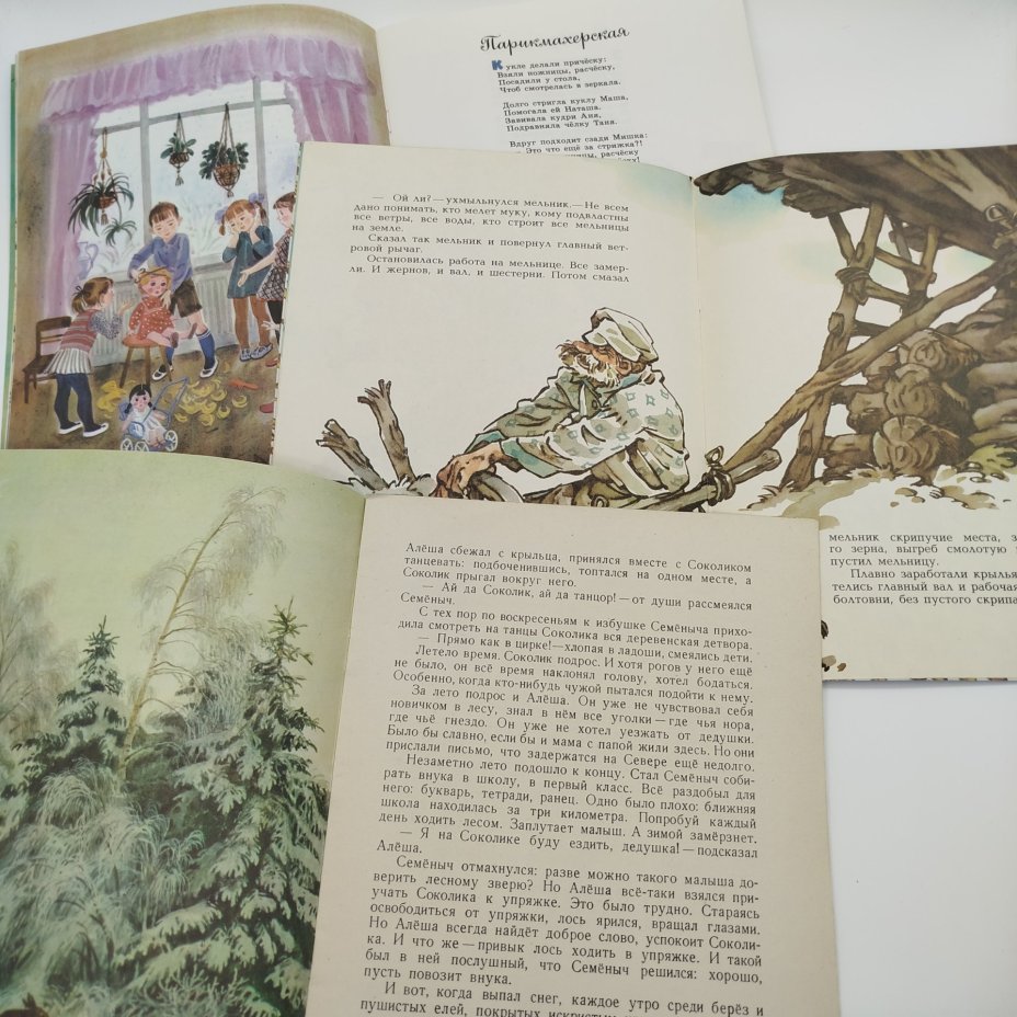 Набор из 6-ти детских книг (П. Шашурин "Лебеди", В. Бороздин "Лето, лето ясное!", Г. Снегирёв "У обезьян", Е. Пермяк "Как самовар запрягли" и "Кто мелет муку", Г. Лагздынь "Целый день у нас работа"), Издательство "Малыш"
