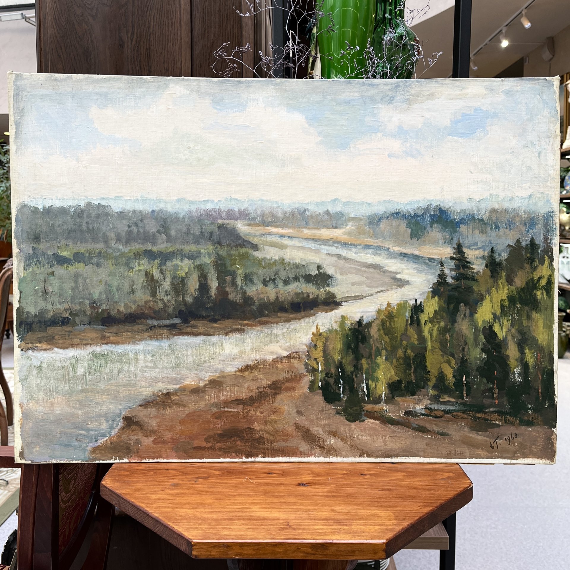 Картина "Речной пейзаж" (условное название), автор Гребенщиков Е. Ц, холст на картоне, масло, СССР, 1963 г.