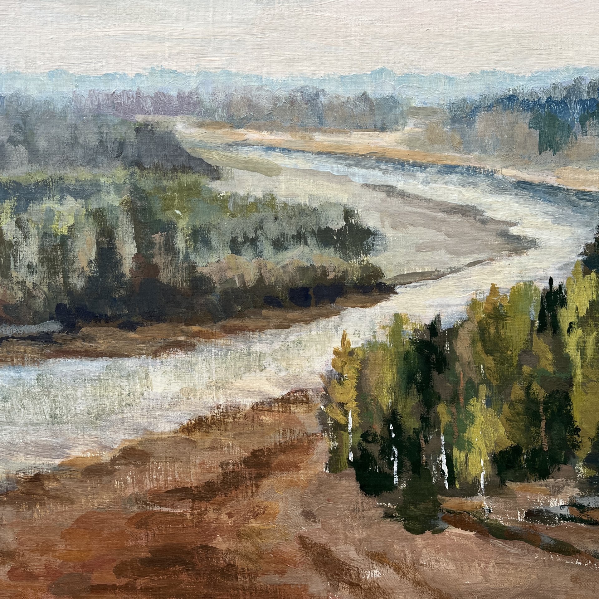 Картина "Речной пейзаж" (условное название), автор Гребенщиков Е. Ц, холст на картоне, масло, СССР, 1963 г.