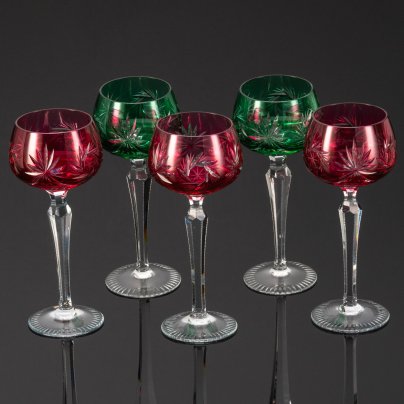 Набор бокалов для вина на 5 персоны, украшенных резным орнаментом, хрусталь, алмазная грань, Echt Bleikristall, Германия, 1970-1990 гг.