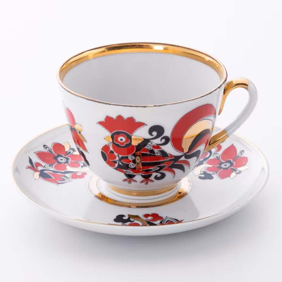 Чайная пара  "Красный петух", Ленинградский фарфоровый завод (ЛФЗ)