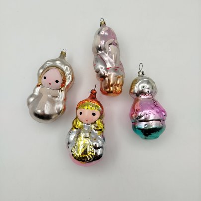 Набор из 4-х ёлочных игрушек "Старик", "Снегурочка", "Красная шапочка", "Мальчик", стекло, роспись, металл, СССР, 1950-1970 гг.