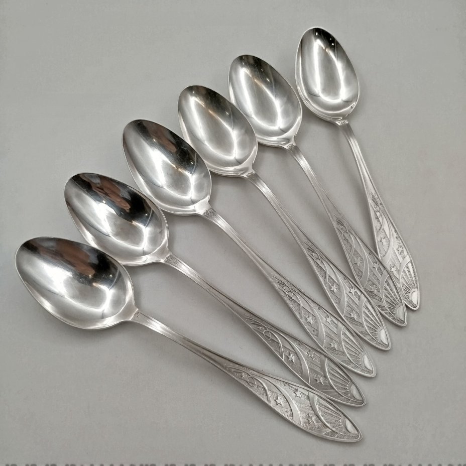 Набор из 6-ти столовых ложек, украшенных звёздным декором в оригинальном подарочном футляре, мНЦ (медь-никель-цинк), картон, ткань, Кольчугинский завод цветных металлов, СССР, 1960-1980 гг., Кольчугинский завод цветных металлов