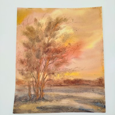 Этюд "Пейзаж с деревом", автор Т. Шипкова, бумага, смешанная техника, СССР, 1987 г.