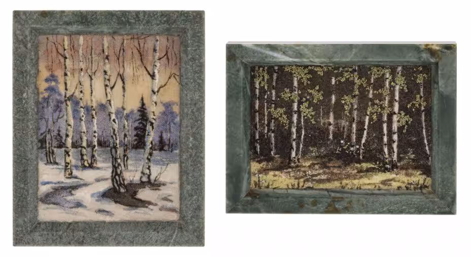 Пара панно с изображением берёзовых рощ, поделочный камень, СССР, 1980-1990 гг.