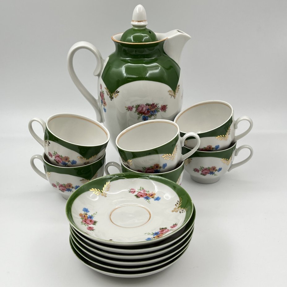 Сервиз кофейный с цветочным декором на 6 персон (13 предметов), фарфор, деколь, крытье, золочение, Дулевский фарфоровый завод (Дулёво), Россия, 1999 г.