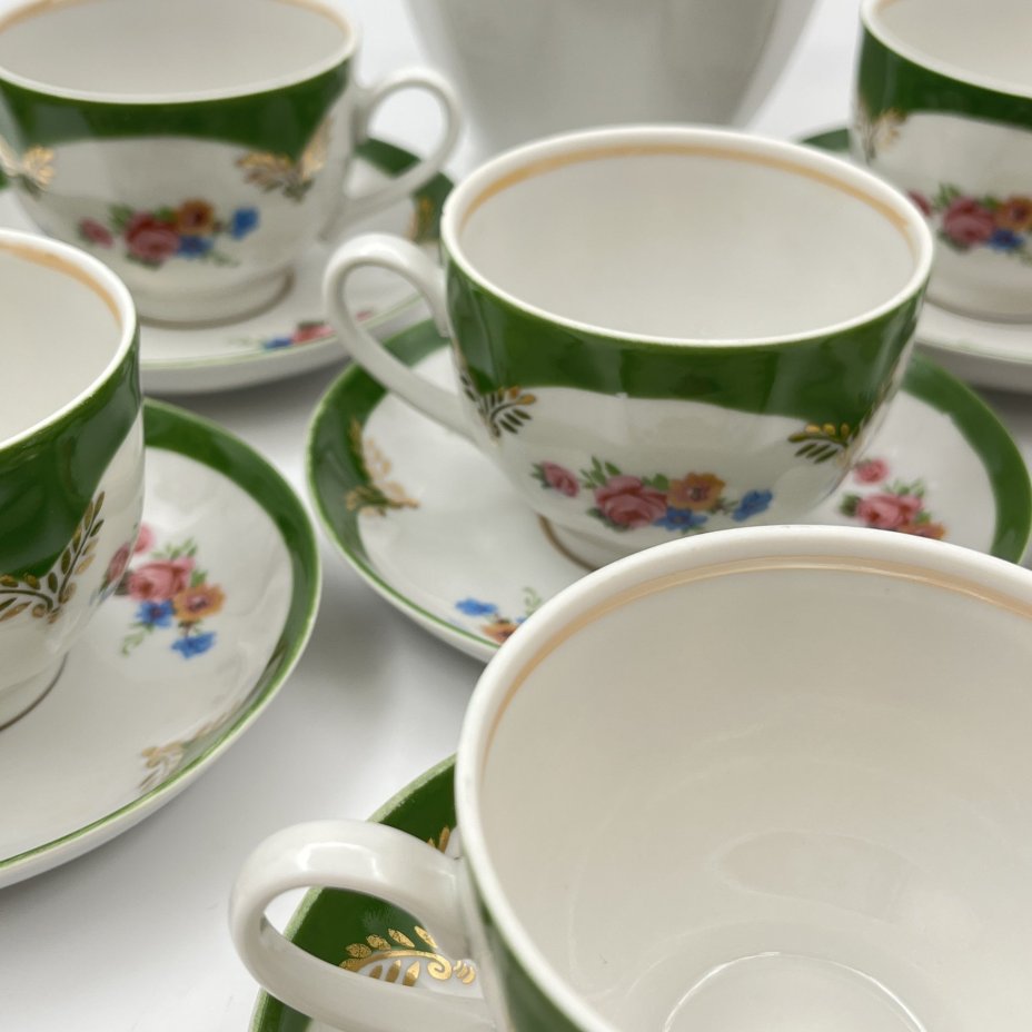Сервиз кофейный с цветочным декором на 6 персон (13 предметов), фарфор, деколь, крытье, золочение, Дулевский фарфоровый завод (Дулёво), Россия, 1999 г.