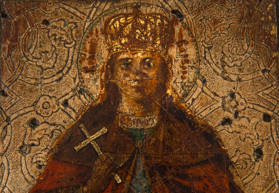 Икона "Святая Великомученица Варвара", дерево, темпера, резьба по левкасу, Российская Империя, 1850-1900 гг.