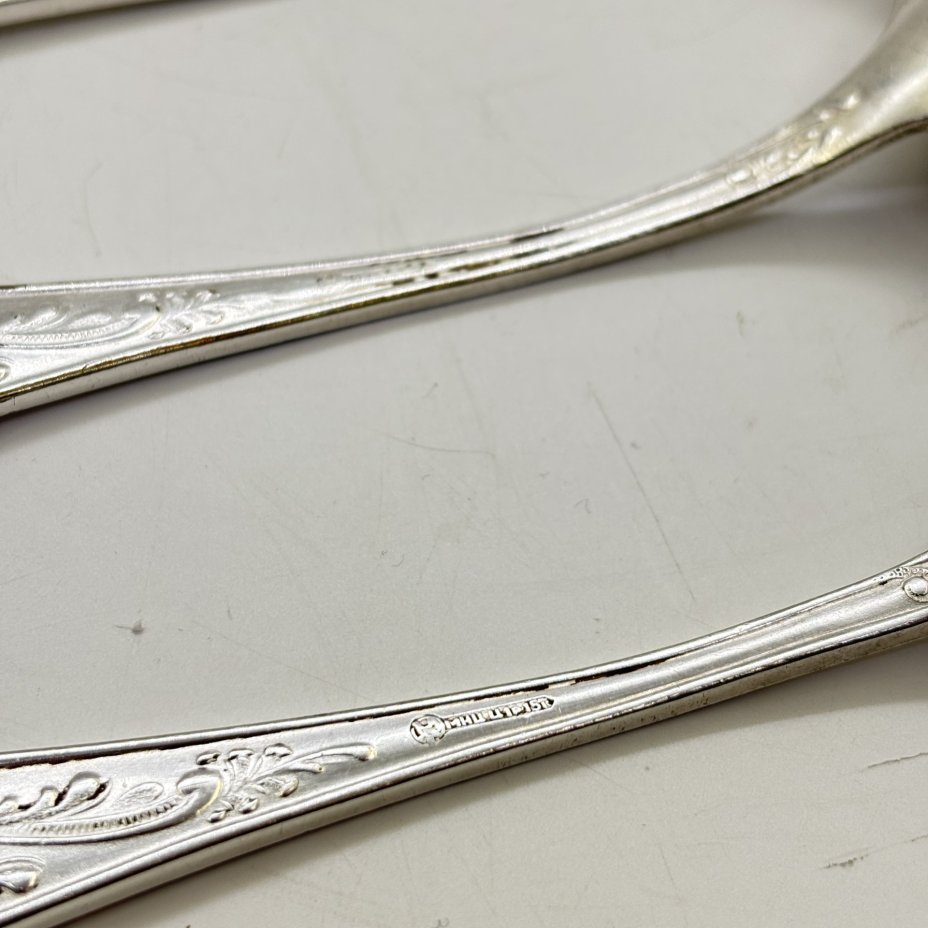 Набор из шести столовых ложек "Пламя", мНЦ (медь-никель-цинк), Кольчугинский завод цветных металлов, СССР, 1960-1980 гг.