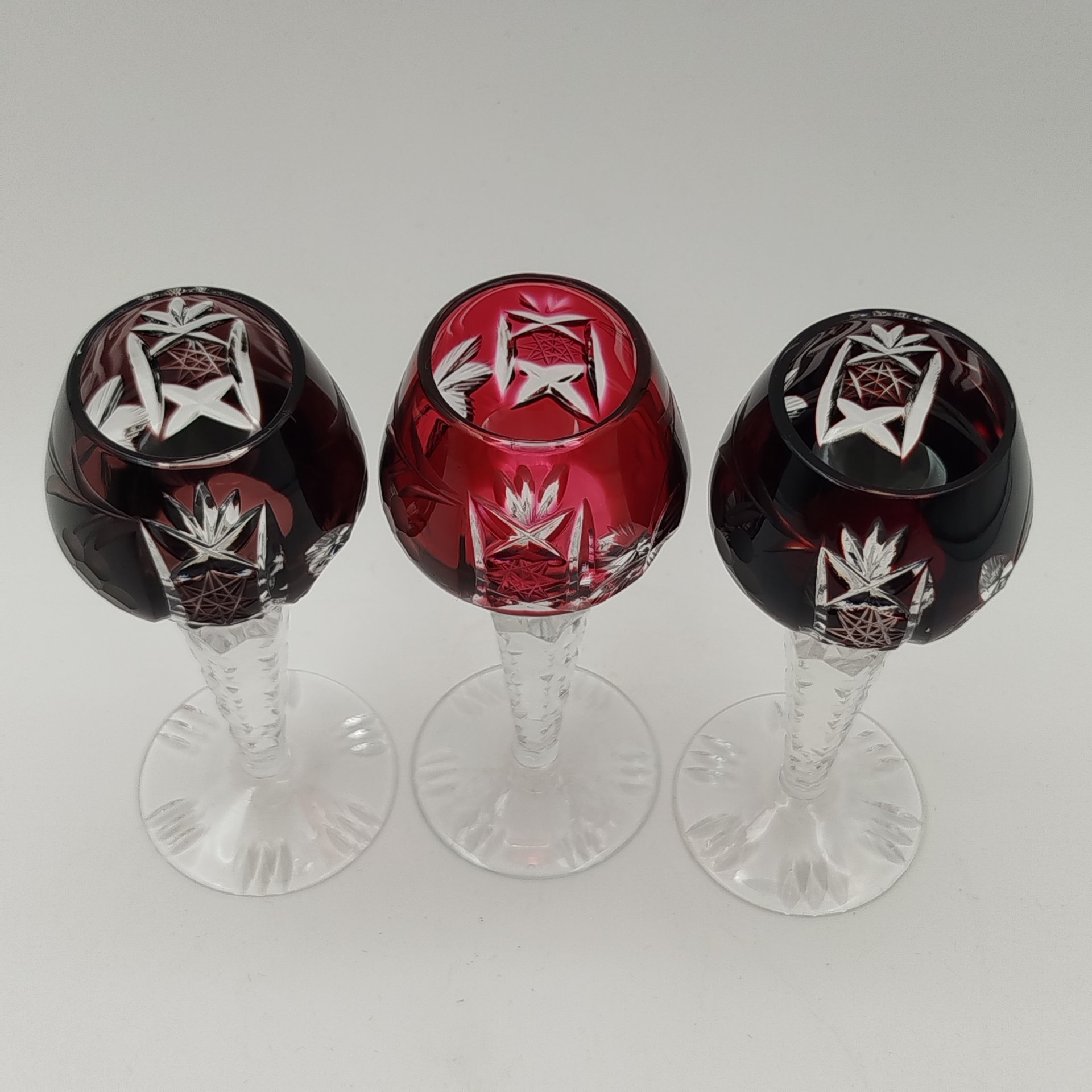 Набор бокалов (рюмок) для крепленых вин на 3 персоны, с резным декором, хрусталь, алмазная грань, Германия, 1970-1990 гг.