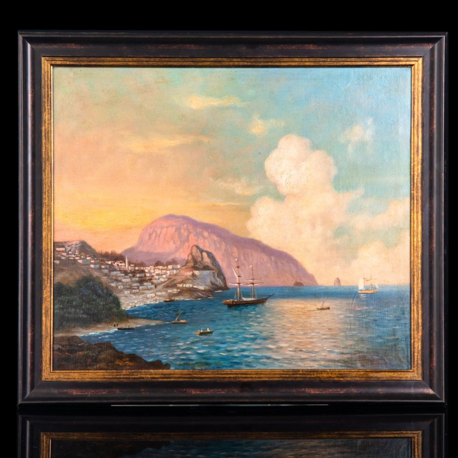 Картина "Морской пейзаж" (вид на гору Аю-Даг), подпись автора "Р.Н.", холст, масло, рама