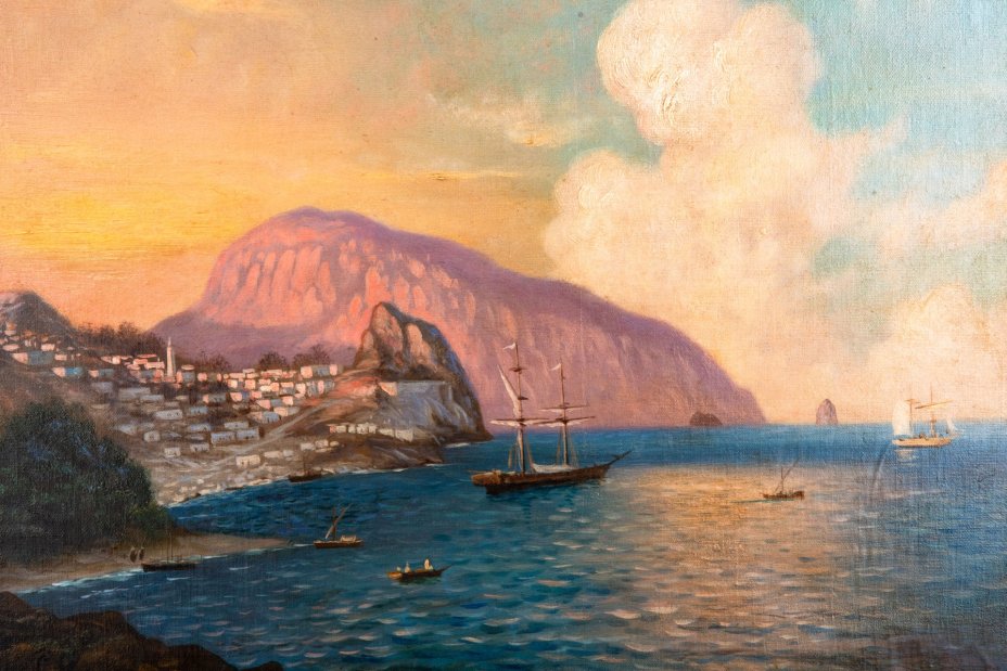Картина "Морской пейзаж" (вид на гору Аю-Даг), подпись автора "Р.Н.", холст, масло, рама