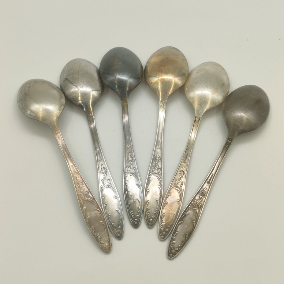 Набор из шести столовых ложек "Пламя", мНЦ (медь-никель-цинк), Кольчугинский завод цветных металлов, СССР, 1960-1990 гг.