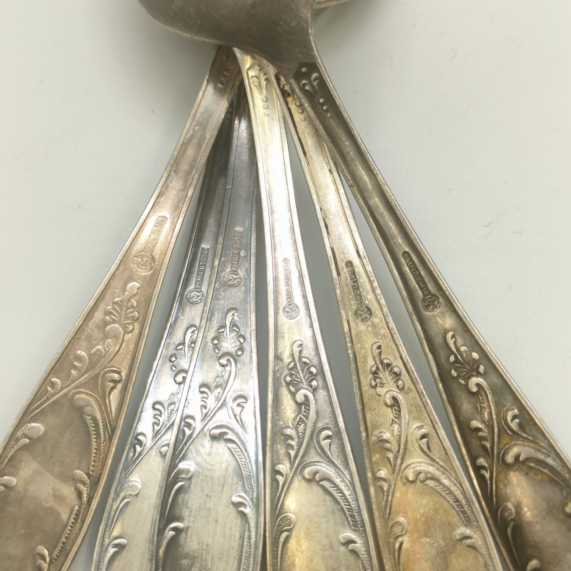 Набор из шести столовых ложек "Пламя", мНЦ (медь-никель-цинк), Кольчугинский завод цветных металлов, СССР, 1960-1990 гг.