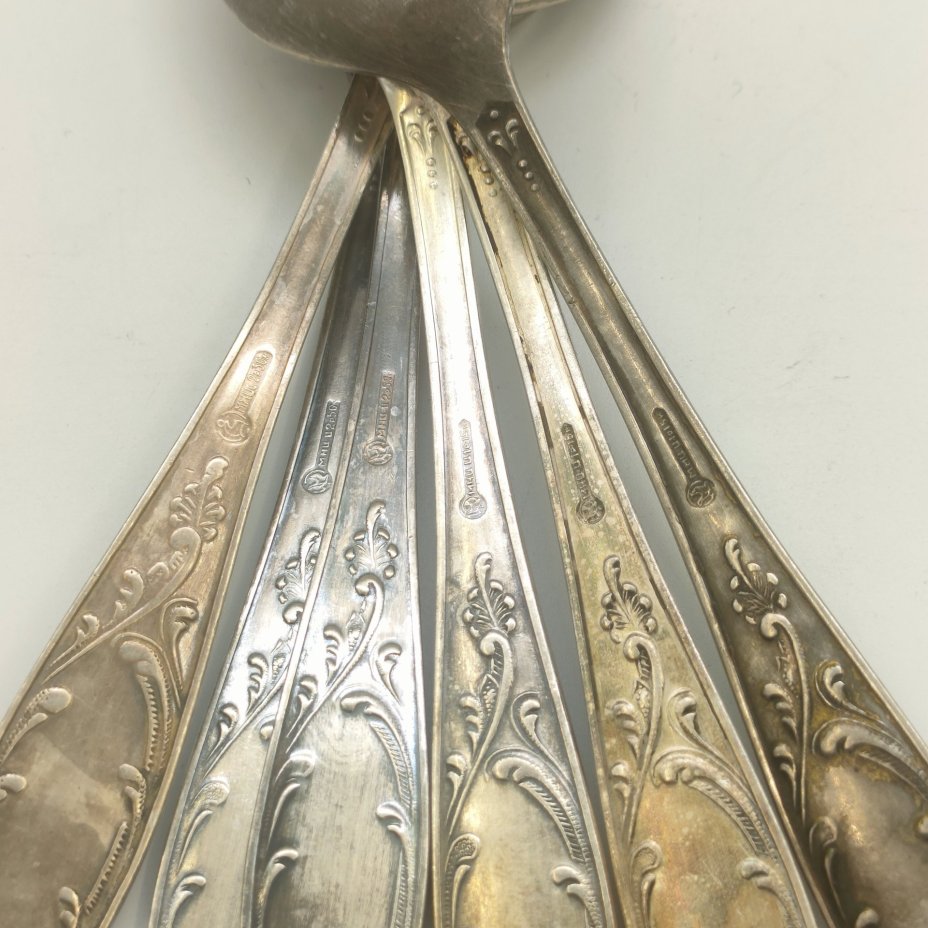 Набор из шести столовых ложек "Пламя", мНЦ (медь-никель-цинк), Кольчугинский завод цветных металлов, СССР, 1960-1990 гг.