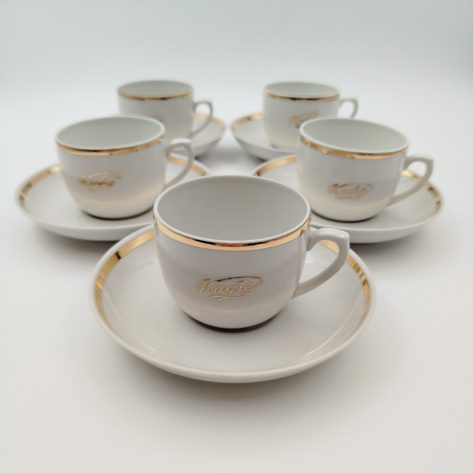 Набор кофейных пар с надписью "Кафе" на 5 персон, фарфор, золочение, Дмитровский фарфоровый завод (ДФЗ Вербилки), СССР, 1968-1991 гг.