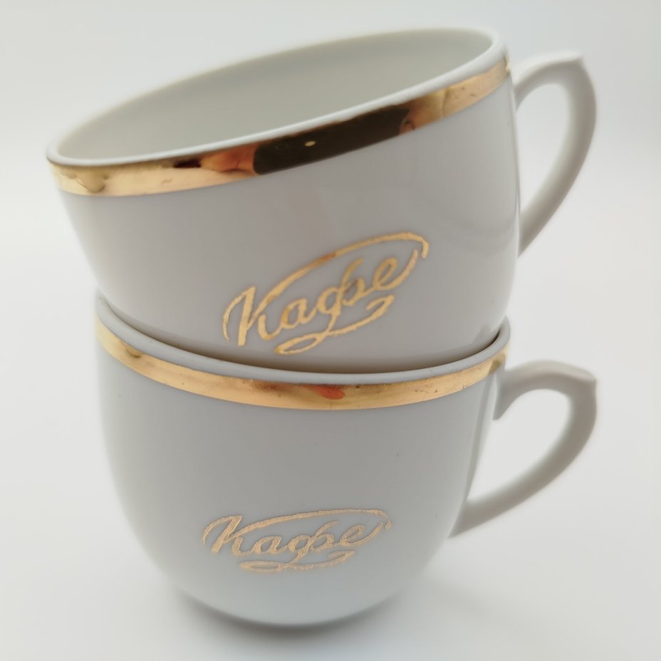 Набор кофейных пар с надписью "Кафе" на 5 персон, фарфор, золочение, Дмитровский фарфоровый завод (ДФЗ Вербилки), СССР, 1968-1991 гг.