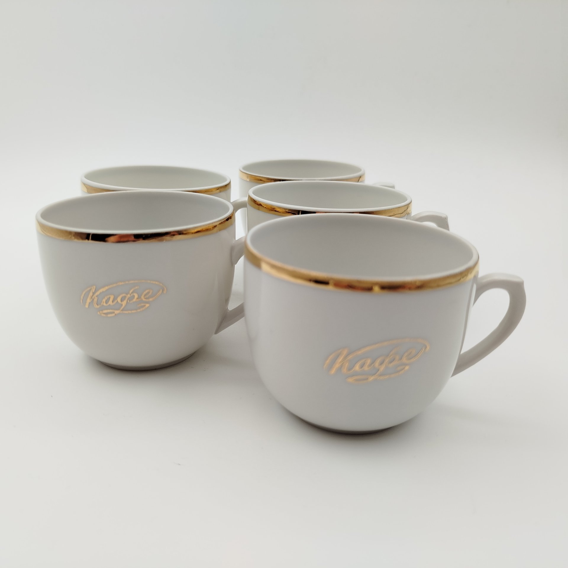 Набор кофейных пар с надписью "Кафе" на 5 персон, фарфор, золочение, Дмитровский фарфоровый завод (ДФЗ Вербилки), СССР, 1968-1991 гг.