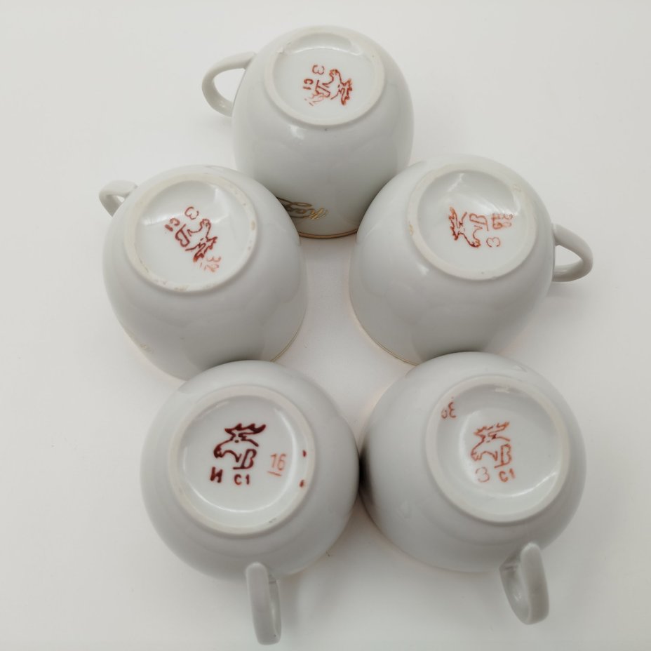 Набор кофейных пар с надписью "Кафе" на 5 персон, фарфор, золочение, Дмитровский фарфоровый завод (ДФЗ Вербилки), СССР, 1968-1991 гг.